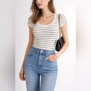 Club Monaco Striped White Black  Shirt Small Parisan Capsule Wardrobe